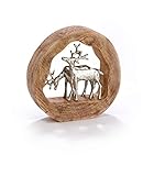 Material: Mangoholz und Alu Moritz Skulptur Rentier Reindeers Silber Mangoholz/Alu Massive Mangoholz - Baumscheibe Handarbeit 28 x 27,5 cm