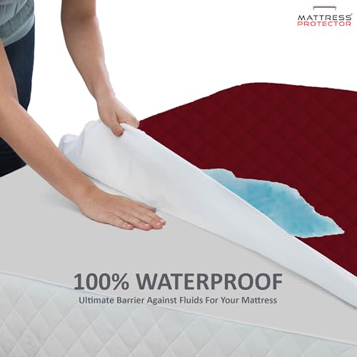 Image of Mattress Protector King Size | Hotel-Like Quality Luxury Waterproof Cotton Quilted Bed Protector | Soft Plush Feel Breathable Hypoallergenic Noiseless Elastic Fitted Bed Cover | 6x6 Ft-72x72in, Maroon