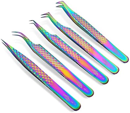 ZAMAHA UK Lash Eyelash Extension Tweezers Set of 5, Japanese Stainless Steel Tools Straight Curved 45 90 Degree Angled Tip, Volume Tweezers Precision (Rainbow Multi)