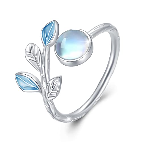 Bague pierre de lune en argent 925 massif véritable et délicat motif feuille pour femme