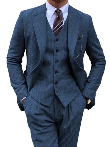 3 Piece Tweed Men Suit Set Slim Fit Retro Men Herringbone Suit Prom Party Wedding Groom