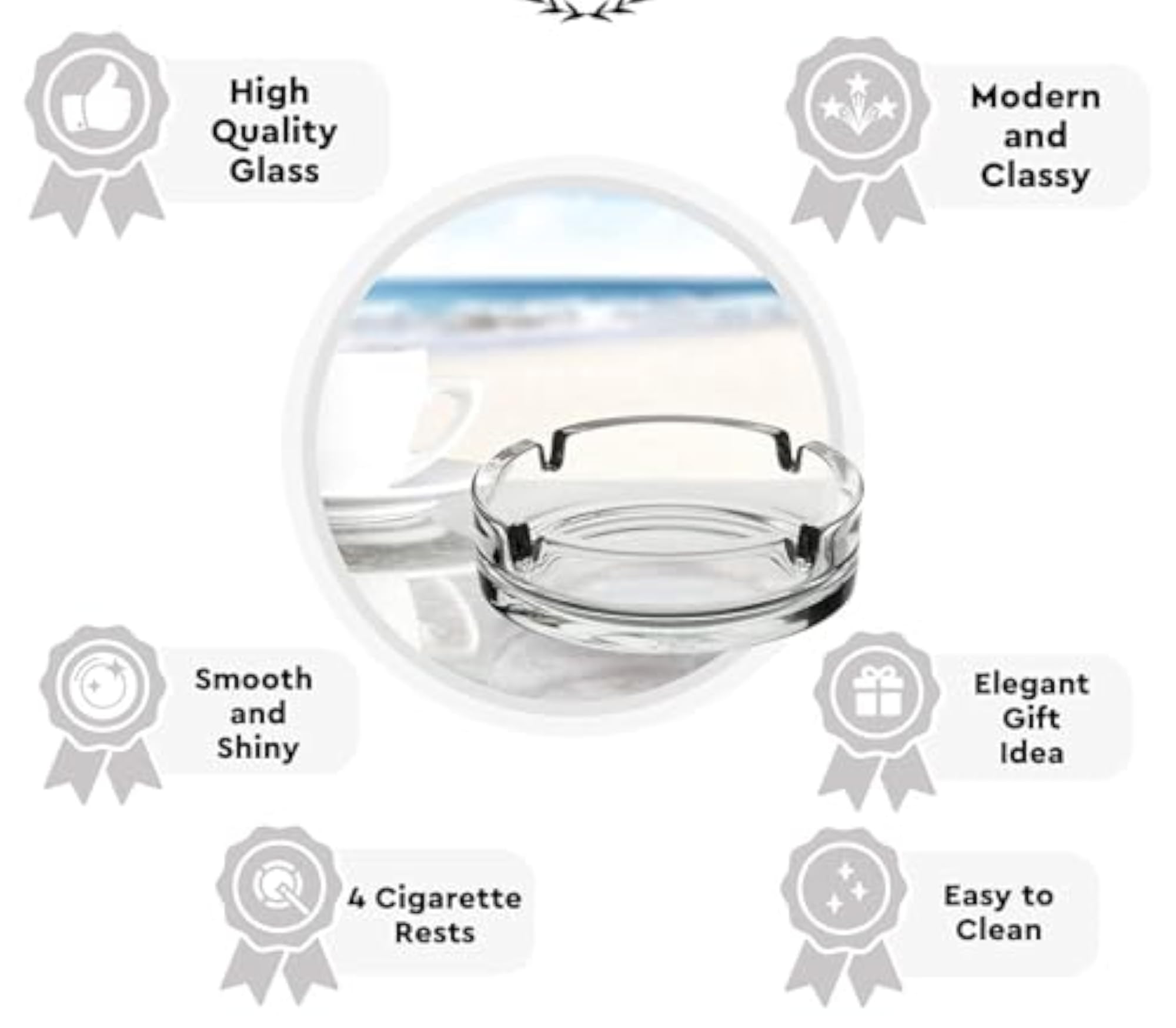 Glass Tabletop Ashtray with Smooth Rounded Edges