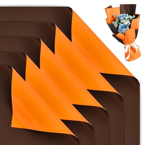 BEISHIDA 20Pcs Orange and Brown Double Sided Floral Wrapping Paper Matte Waterproof Flower Bouquet Wrapping Paper for Floral Wrap Florist Packing Supplies Birthday Valentine's Christmas Gift Wrapping