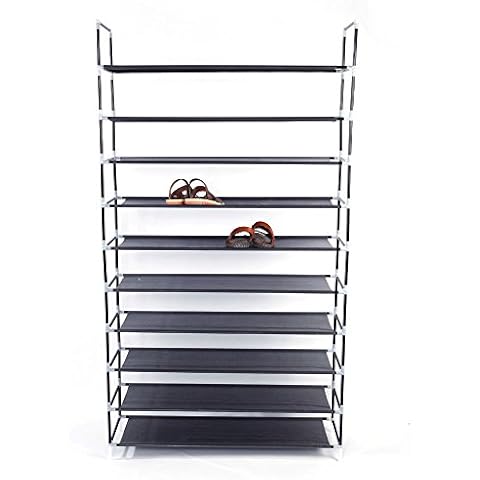 SEEZSSA 10 Tier Shoe Rack, 50 Pairs Shoe Storage Metal Narrow Tall Shoe Organizer Shelf for Narrow Space, Non-Woven Fabric Shoe Stand for Hallway, Bedroom, 100 x 28 x 180 cm, Black Cover