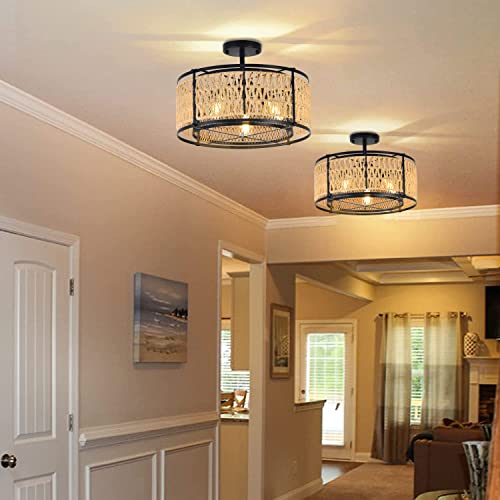 Qiyizm Semi Flush Mount Ceiling Light Rattan Light Fixtures Boho Chandelier 3 Light Fixtures Black Farmhouse Rustic Industrial Woven Wicker Ceiling Lamp Flush Mount For Living Room Bedroom 13In #TOP5