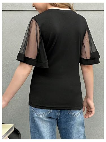 SHENHE Girl's Mesh Flutter Short Sleeve Top Crew Neck Summer Dressy Going Out Tee Shirt2