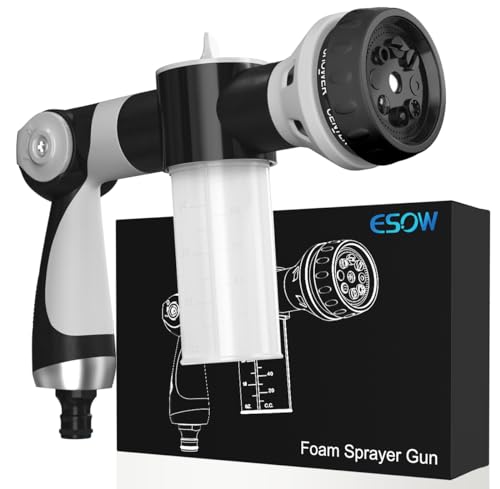 ESOW Garden Hose Nozzle, High Pressure Foam Sprayer Gun 8 Way Spray Pattern with 3.5oz/100cc Soap Dispenser Bottle, Snow Foam Gun for Car Wash, Watering Plants, Lawn, Patio, Gray
