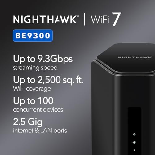 NETGEAR Nighthawk WiFi 7 Router (BE9300) – Router Only, 9.3Gbps Wireless Speed, 2.5 Gigabit Internet Port, Tri-Band for Gaming, Covers 2,500 sq. ft., 100 Devices, VPN – Free Expert Help