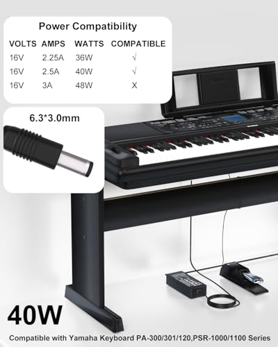 Image of 16V AC /DC Power Adapter Compatible with Yamaha Keyboard Power Cord | Keyboard Piano Replacement PA-300 PA-301 PA-300B PA-300C S950 PSR-1000 PSR-2000 P-155 PSR-S900 PSR-S750 PSR-S670 Power Supply