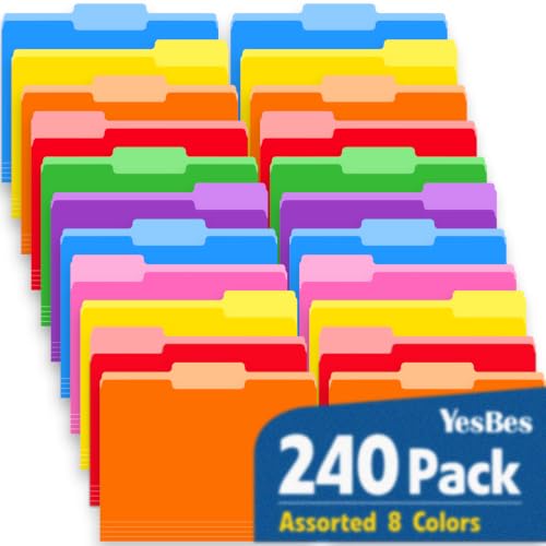 240 Pack Colored File Folders, 1/3 Cut Tab File Folders Letter Size 8.5 x 11 Inch, Assorted 8 Colors Filing Folder for Office School Business by YesBes - Used condition - US$41.23