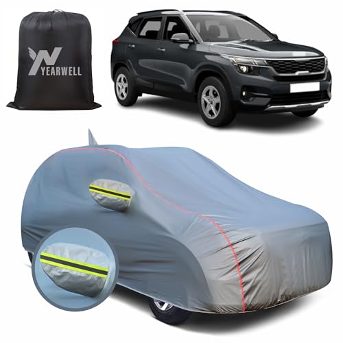 Image of Car Body Cover for Kia Seltos, 100% Waterproof, Heat-Resistant with Mirror & Antenna Pockets, Soft Cotton Lining, Triple Stitched, Green Reflector (Metallic Grey)