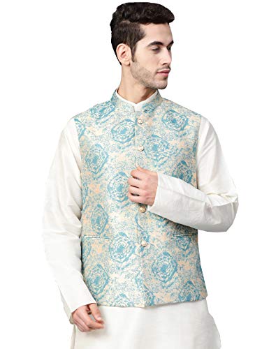 Image of MANQ Men Sea Green & beige Woven Jaquard Silk Nehru Jacket (Size:42)