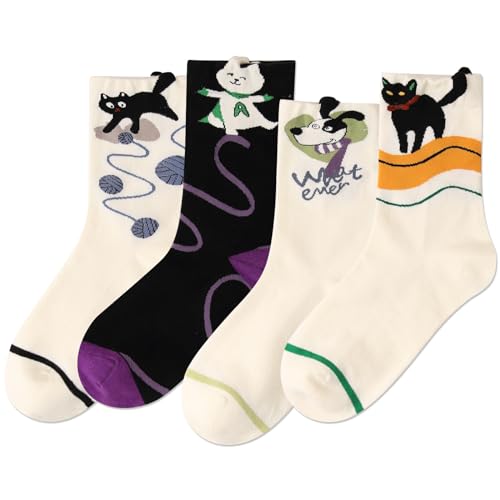 IIG Womens Girls Novelty Funny Crew Socks Cute Animal Bear Socks for Girl's Gift (Cute cats 02-4 pairs)