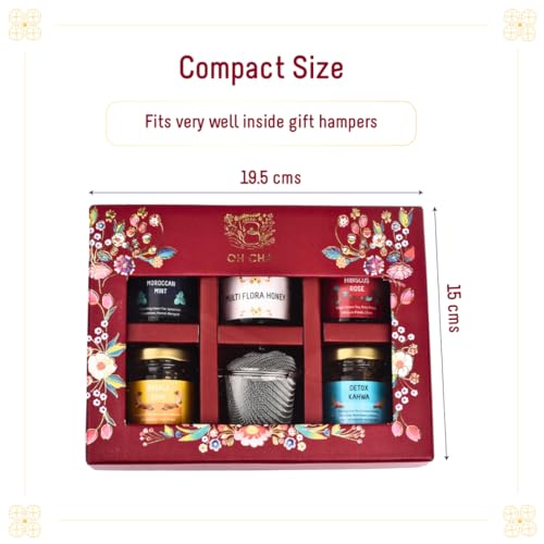 Image of OH CHA - Festive Tea Gift Box | Assorted Tea Gift Set with Stainless Steel Infuser & Multiflora Honey | 4 Exquisite Tea Flavors | Gift for Everyone, Wedding Gift, Corporate Gifting | Festive Gift Hamper, Gifts for Clients