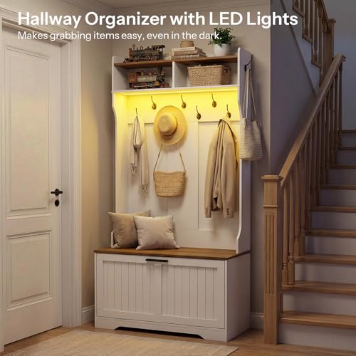 HOOBRO-Hall-Tree-with-Bench-157W-Entryway-Bench-with-Coat-Rack-Shoe-Cabinet-with-Flip-Drawer-LED-Hall-Tree-with-9-Hooks-and-2-Open-Compartments-Wooden-for-Hallway-White-and-Walnut-WH86DMT01
