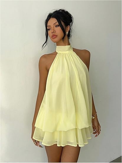 Women's Chiffon Halter Drop Waist Wedding Guest Dresses Ruffle Summer Mini Dress Brunch Outfits - Image 6