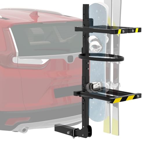 2026 New Folding Hitch Ski Snowboard Rack with Security Lock, Ski Rack Carries 6 Pair Skis or 4 Snowboards Fit for 2" Receiver, Tilt Access for Trunk Access, Security Strap