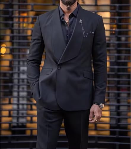 Men's 2 Piece Slim Fit Solid Tuxedo Set, One Button Shawl Collar Dinner Prom Party Jacket Pants UOU663