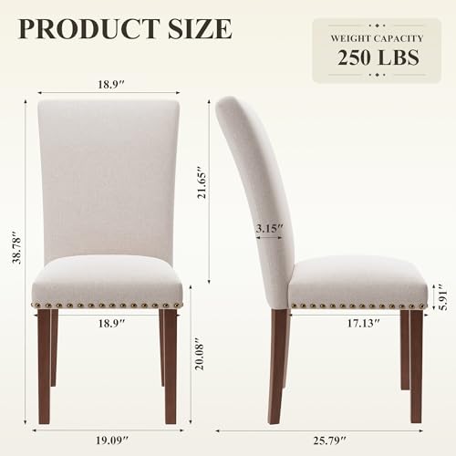 Image of COLAMY Upholstered Parsons Dining Chairs Set of 2, Fabric Dining Room Kitchen Side Chair with Nailhead Trim and Wood Legs - Beige