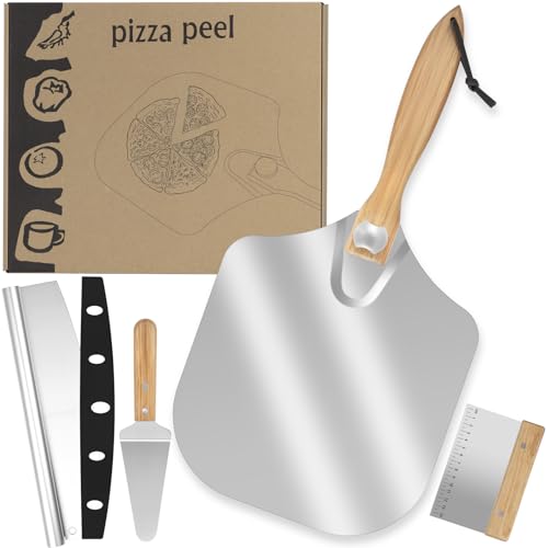 Houbobo Pizza Peel Oven Accessories 4-Piece 12 inch Aluminum Metal Pizza Paddle with Foldable Wood Handle & Rocker Pizza Cutter Complete Pizza Making Set for Family Baking Homemade Pizza
