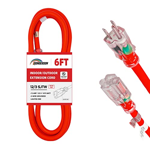 HONDERSON Cable de extensión para exteriores iluminado de 12/3 de 1.8 m, calibre 12, 3 clavijas, SJTW, cable de extensión rojo neón resistente con enchufe de 3 clavijas a tierra para mayor seguridad,