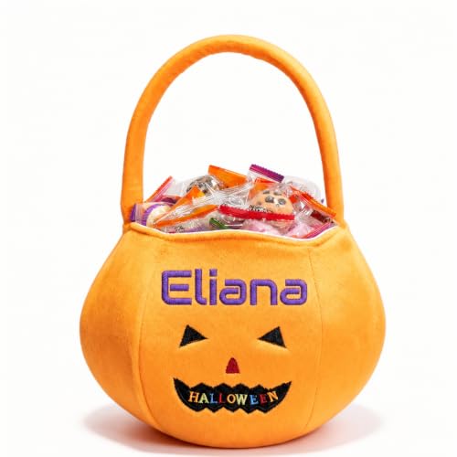 Personalized Embroidered Pumpkin Basket for Halloween Candy, Sturdy Handle Trick...