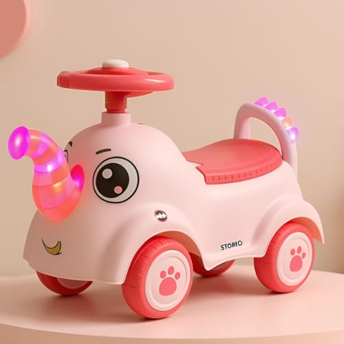 Image of Storio Elephant Baby Ride-On Car Toy with Light and Music - Pink | Push Car for Kids with Backrest & Steering, 1-3 Years