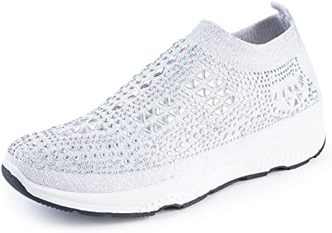 Montana West White Slip On Sneakers for Women Glitter Rhinestone Sock Shoes Womens Walking Shoes Slip Resistant Breathable Comfortable for Workout Ballroom Jazz Latin Dance 1903WT-10