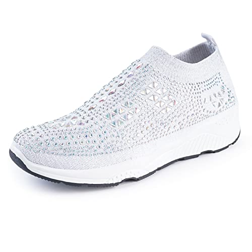 Montana West White Slip On Sneakers For Women Glitter Rhinestone Sock Shoes Womens Walking Shoes Slip Resistant Breathable Comfortable For Workout Ballroom Jazz Latin Dance 1903Wt-10 #TOP18