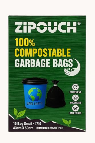 Image of ZIPOUCH 100% Compostable Garbage Bags, Small 43 x 50 cm, 75 Bags, Black, Leak-proof, Odourless Pack of 5
