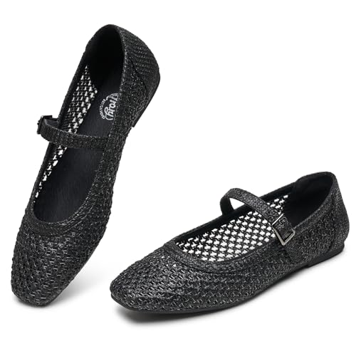 Image of Trary Mary Jane Shoes Women Woven Flats for Women Dressy Ballet Flats Squared Toe Mary Jane Flats Shoes