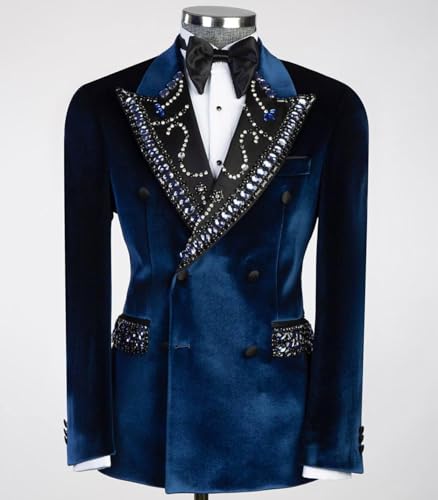 Luxury Men's Velvet Tuxedo Royal Blazer with Rhinestones Slim Formal Double Breasted Jackets for Wedding,Party,Prom2