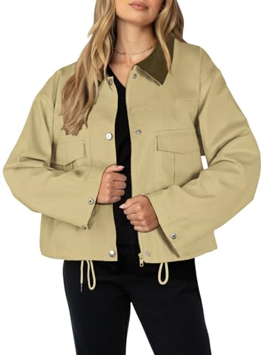 Womens Cropped Jacket Zip Up Lightweight Bomber Button Drawstring Oversized Utility Casual Coats With Pockets3