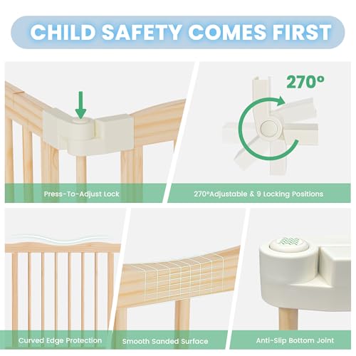 Image of Foldable Wooden Playpen - Adjustable Wood Baby Play Yard with Door, Indoor Large Safety Fence for Babies and Toddlers - Easy Assembly, Natural, 30 x 30 x 24 inches