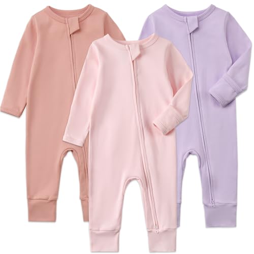 Aablexema 3-Pack Organic Cotton Baby Footless Pajamas with Mitten Cuffs, 2-Way Zipper Romper Sleepers
