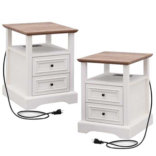 Image of Farmhouse Nightstands Set of 2 with Charging Station,White & Wood Tabletop | End Tables with 2 Drawers, Open Shelf, USB Ports, Metal Knobs, for Rustic Bedroom Bedside, Living Room, Dorm