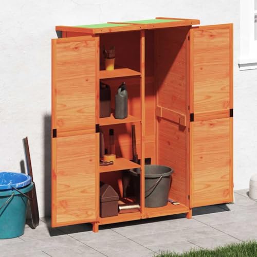 Plumbpyr Cobertizo marrón de madera de pino maciza, 83 x 57 x 140 cm, con techo impermeable, práctico espacio de almacenamiento para herramientas de jardín, cortacésped, bicicleta y herramientas para