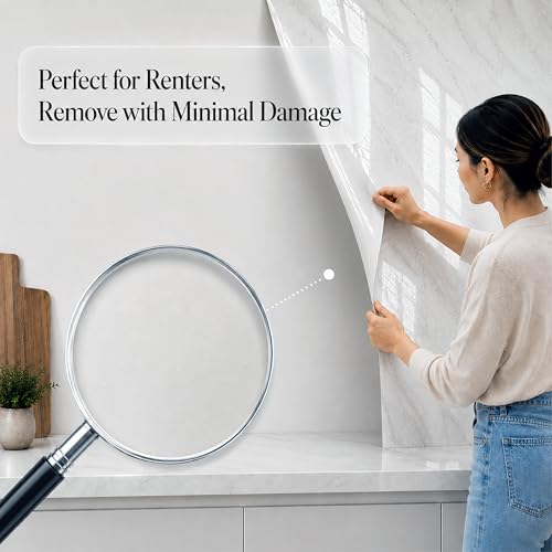 Image of Very Berry Sticker Marble Contact Paper (White, 24 inch x 118 inch, 2 Pack) | Authentic marble pattern, Thick, Waterproof, Laminate vinyl, Self adhesive, Peel and stick wrap, For countertop and wall
