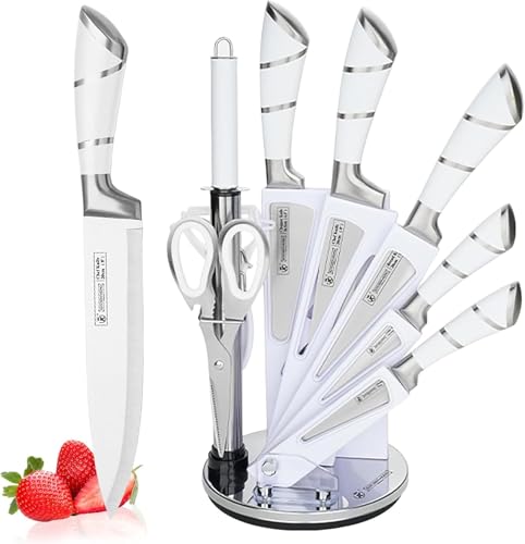 9-tlg Messerset mit Drehbare Acryl Messerblock, Rosa Sharp Antihaft Beschichtete Kochmesser Block...