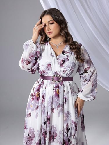 Image of Spring Summer 2024 Plus Size Womens Dresses V Neck Casual Elegant Long Sleeve Floral Print Maxi Dress