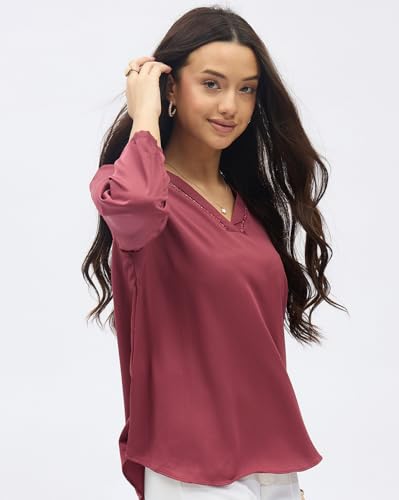 Image of SheWill Printed Top with Contrast Tipping - Stylish Ethnic & Western Tops for Women - Summer Travel Wear, Trendy Tops for Jeans, Lightweight & Comfortable Casual Wear