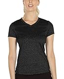 icyzone Damen Sport T-Shirt Kurzarm V-Ausschnitt Laufshirt Atmungsaktive Fitness Gym Funktions Shirt (S, Schwarz)