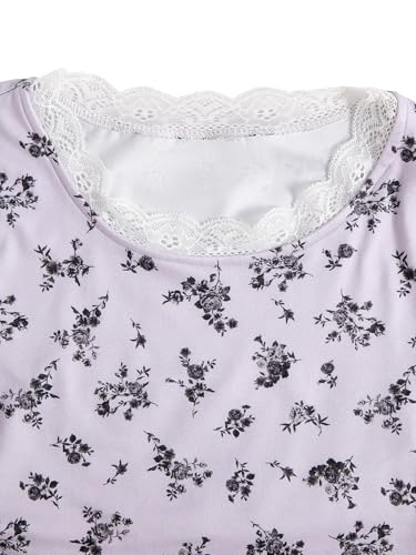 Image of RoseSeek Girl's Ditsy Floral Print Lace T Shirt Short Sleeve Ribbed Ruched Cute Tee Shirts Summer Tops