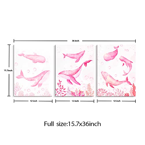 Artinme 3 Piece Pink Whale Canvas Wall Art Whale Swimming In The Sea Painting Art Wall Decor Modern Kids Girl Bedroom Pink Wall Decoration Stretched And Framed Ready To Hang Each 12"X16" #TOP6
