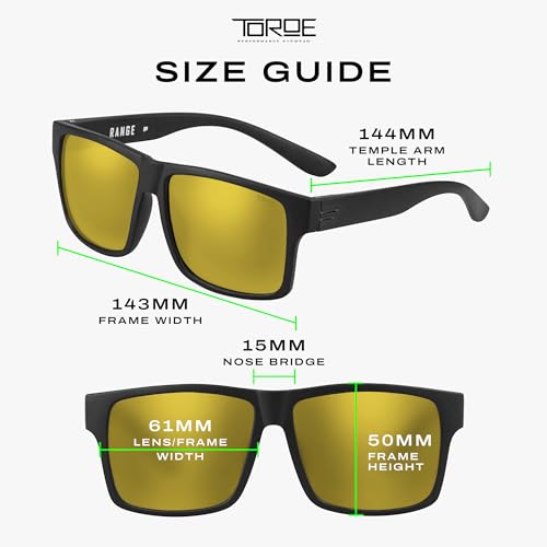 Image of TOROE TR90 Square Frame Grade A Polarized Black Emblem Sunglasses with Anti Reflective Water Repellent Polycarbonate Lenses (Matte Black Frame, Gold Mirror (Category 3))