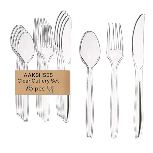aaksh 555 | Pack of 75 | Reusable Plastic Cutlery Set [25 Forks 25 Knives 25 Spoons] Durable Washable | Premium Quality Clear Mix Cutlery for Home Parties Events and Everyday Use