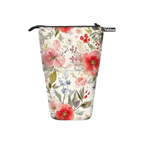 Image of Swono Floral Colored Pencil Case Romantic Watercolor Blossoming Botanical Flowers Wreath Standing Pencil Case Pencil Pouch Pencil Holder Colorful