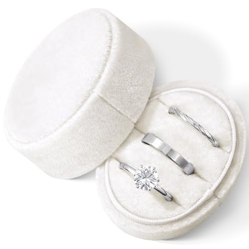 Josojoou Velvet Ring Box 3 Slots Oval Ring Box Wedding Rings Holder Vintage Engagement Rings Boxes for Wedding Engagement Proposal Keepsake Ceremony(Beige)