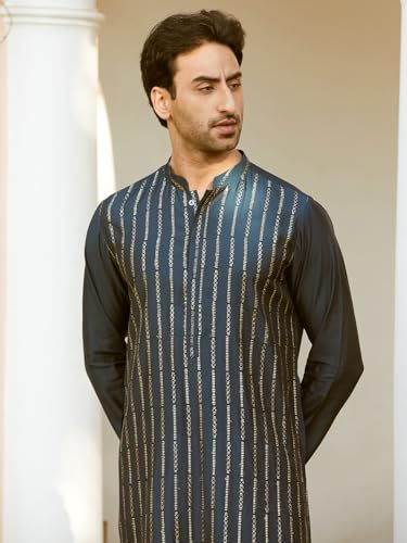 Image of See Designs Men Full Sleeve Chanderi Silk Sequins Mandarin Collar Side Slit Kurta