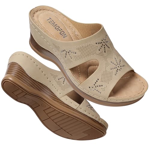 Image of TEMOFON Women Wedge Sandals Dressy: Comfortable Lightweight Summer Shoes | Low Wedge Heel - Fit Wide Feet - Comfy Stylish Slip on Sandals Size 5-11